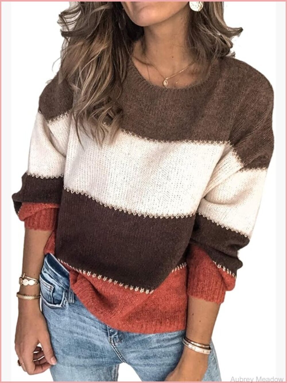 Color Block Patchwork Knit Pullover Sweater Long Sleeve Crewneck